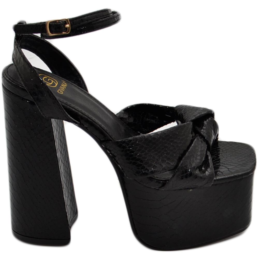 SANDALO DONNA FASCETTA INTRECCIATA IN PELLE NERA TACCO DOPPIO 15 PLATEAU 5 CM CINTURINO ALLA CAVIGLIA OPEN TOE MODA.