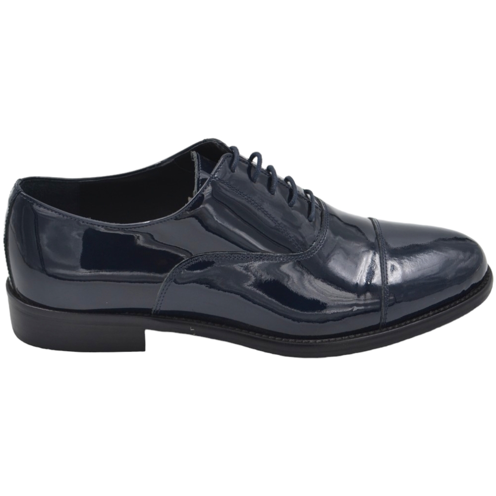 Scarpe uomo stringate classiche con mezza punta in vernice blu made in italy fondo vero cuoio man business eleganti.