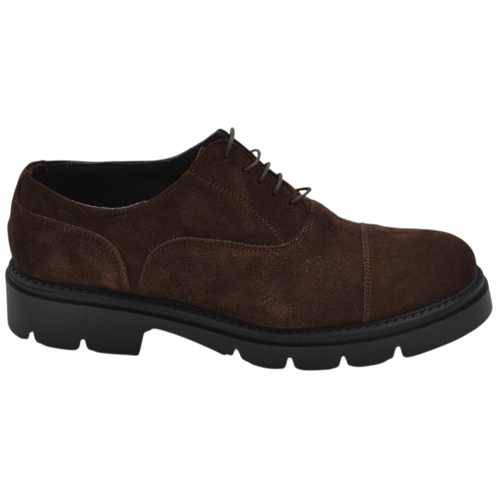 Scarpa uomo derby stringata camoscio marrone spazzolato cucitura in punta fondo gomma roccia alto handmade.