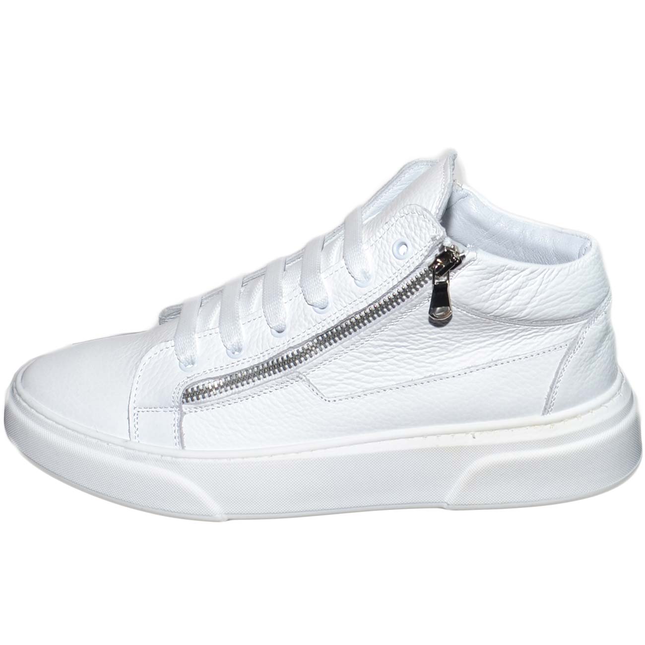 Sneakers bassa uomo in vera pelle bortolato bianco con doppia zip argento lacci fondo fur bianco modello za022 moda uomo