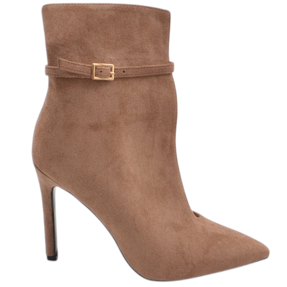 Stivaletto donna tronchetto open cut in camoscio kakhi a punta con tacco a spillo 12 cm e cinturino alla caviglia.