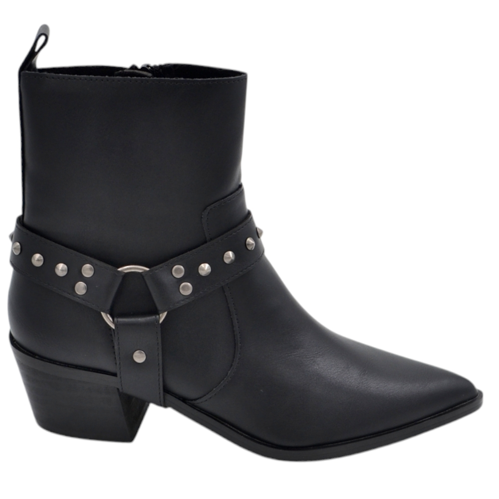 Stivalett Corina M4730 texano in pelle nera con fibbia cowboy borchie argento e zip.