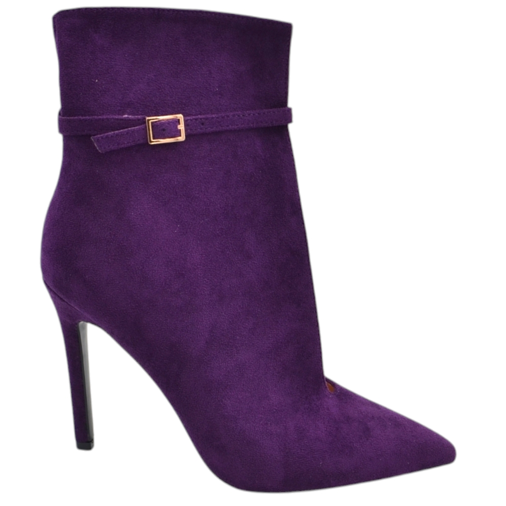 Stivaletto donna tronchetto open cut in camoscio viola a punta con tacco a spillo 12 cm e cinturino alla caviglia.