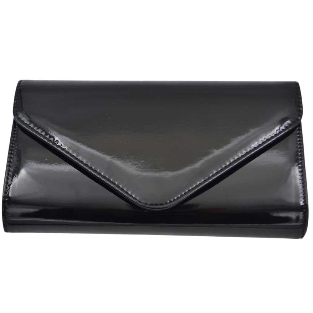 Pochette donna rettangolare a forma di lettera busta in vernice nera lucida catena linea basic made in italy