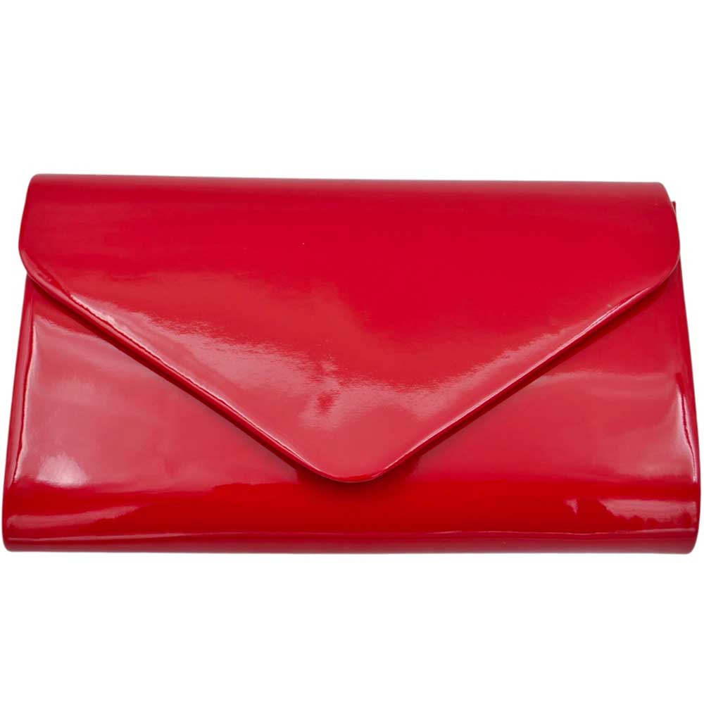 Pochette donna rettangolare a forma di lettera busta in vernice rossa lucida catena linea basic made in italy.
