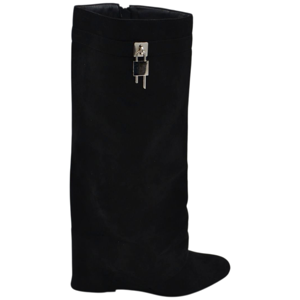 Stivali donna al ginocchio shark punta tonda camoscio nero risvolto catenaccio argento zeppa 10 cm zip .