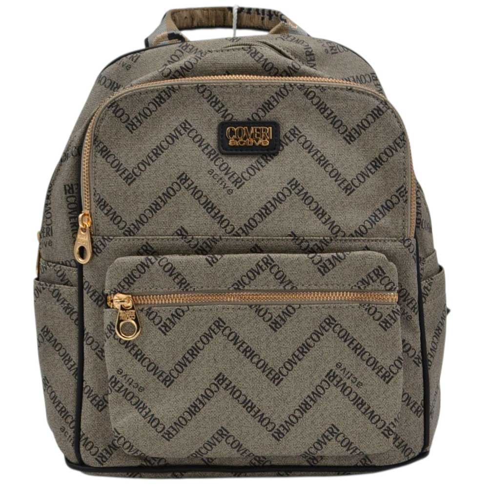 Zaino donna firmato Coveri grigio con multilogo blu cerniere dorate bretelle tracolla loggate.
