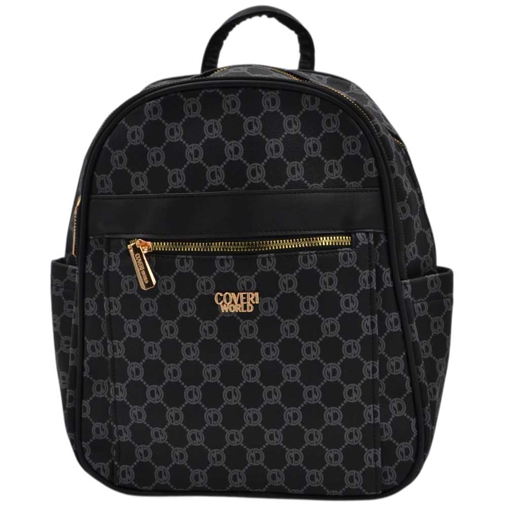 Zaino donna firmato Coveri nero grigio con fantasia monogramma cerniere dorate bretelle tracolla loggate.