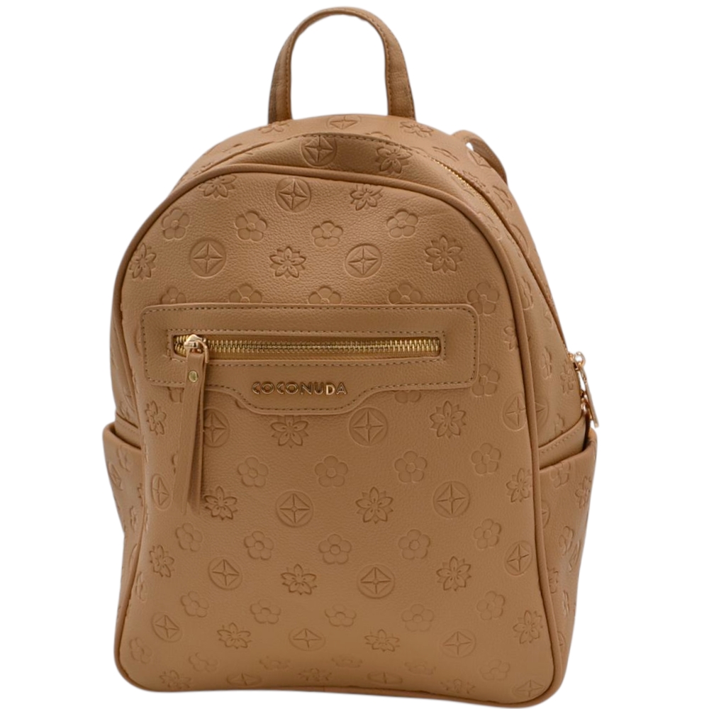 Zaino donna firmato Coconuda cuoio con motivo in rilievo monogramma e logo cerniere dorate .
