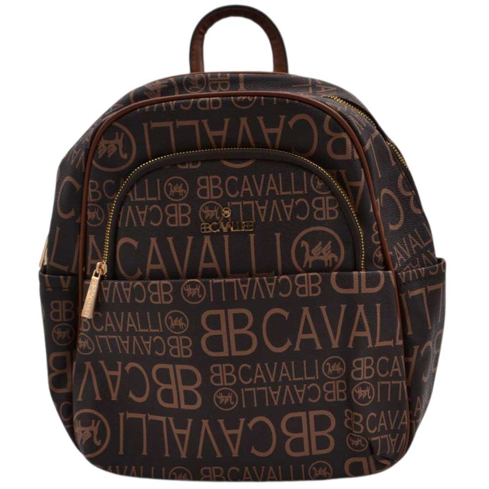 Zaino donna firmato Cavalli marrone con multilogo cuoio cerniere dorate varie tasche.