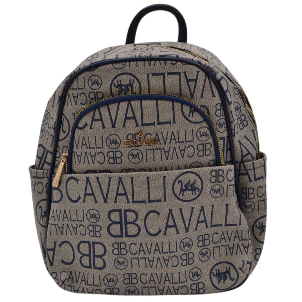 Zaino donna firmato Cavalli neutro con multilogo blu cerniere dorate varie tasche.