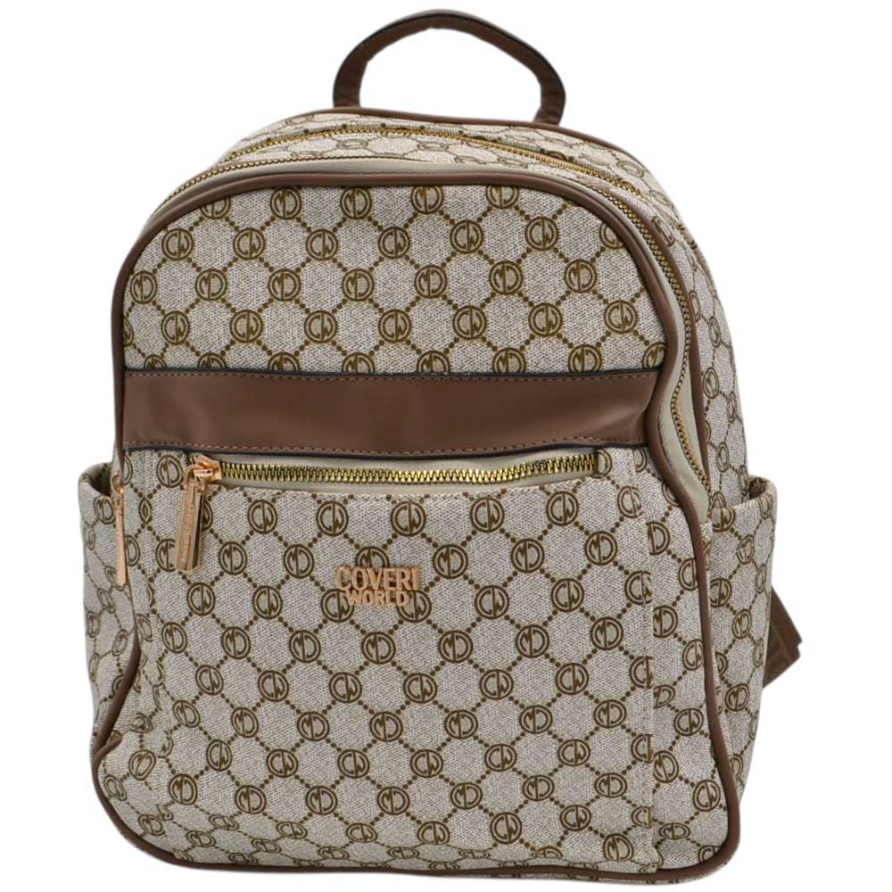 Zaino donna firmato coveri beige marrone con fantasia monogramma cerniere dorate bretelle tracolla loggate.