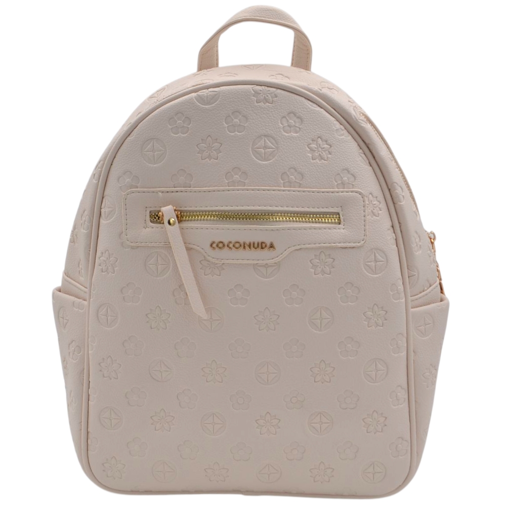 Zaino donna firmato Coconuda beige con motivo in rilievo monogramma e logo cerniere dorate .