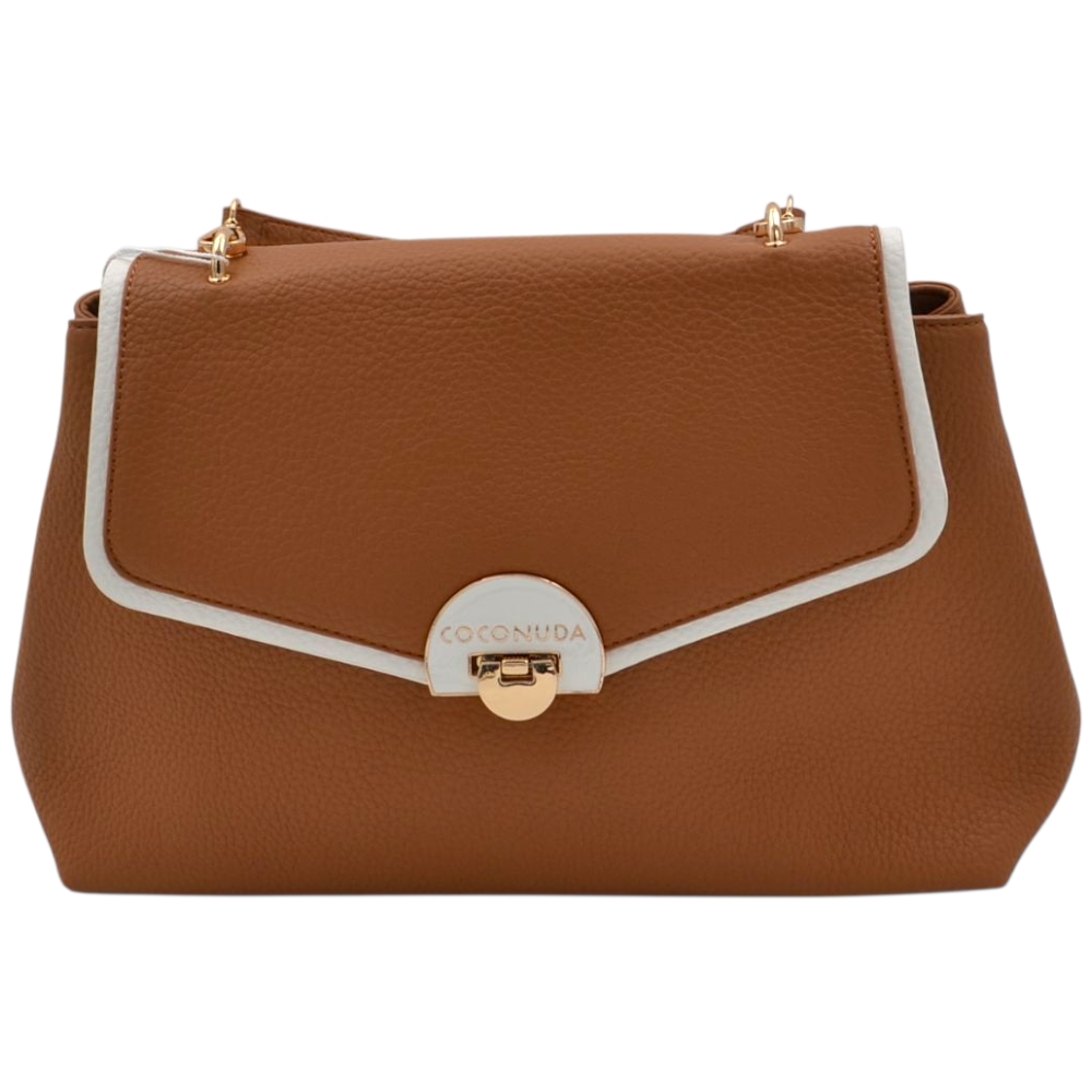 Borsa a tracolla donna firmata Coconuda a lettera cuoio e bianca con chiusura gancio e zip