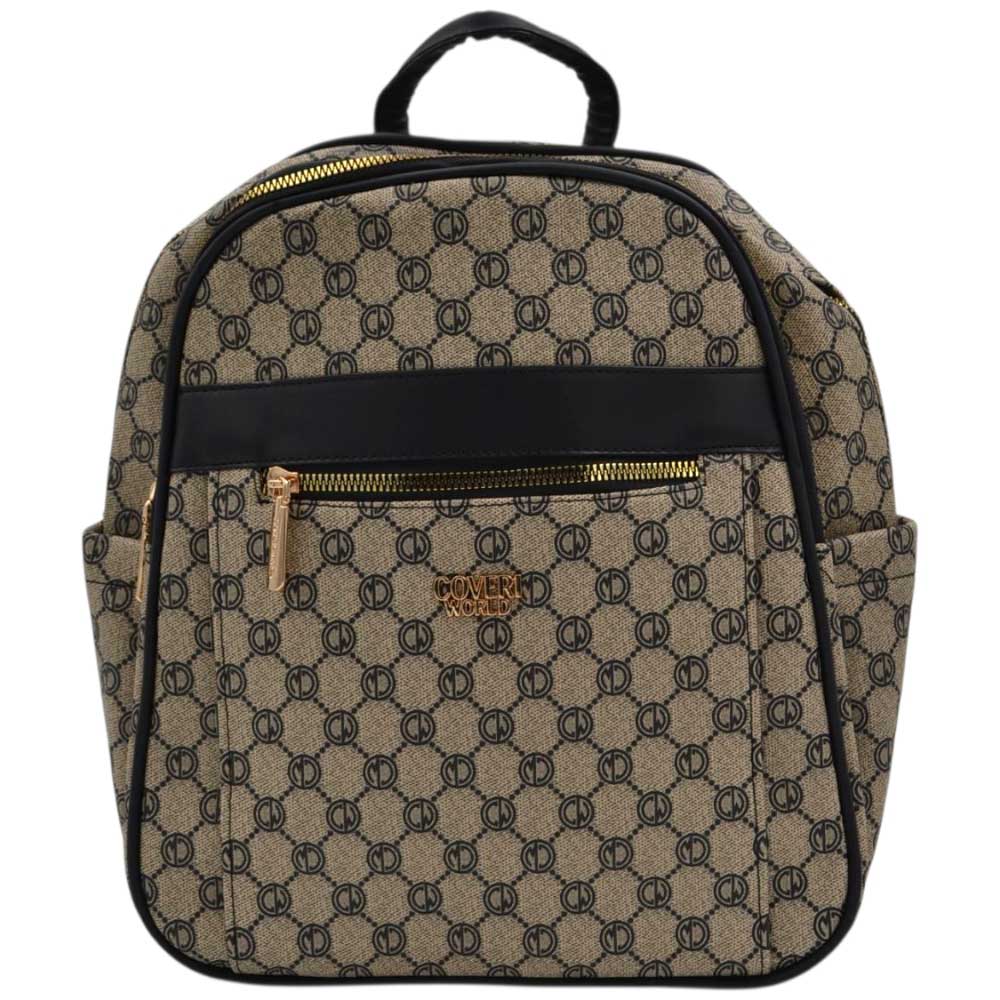 Zaino donna firmato coveri beige nero con fantasia monogramma cerniere dorate bretelle tracolla loggate