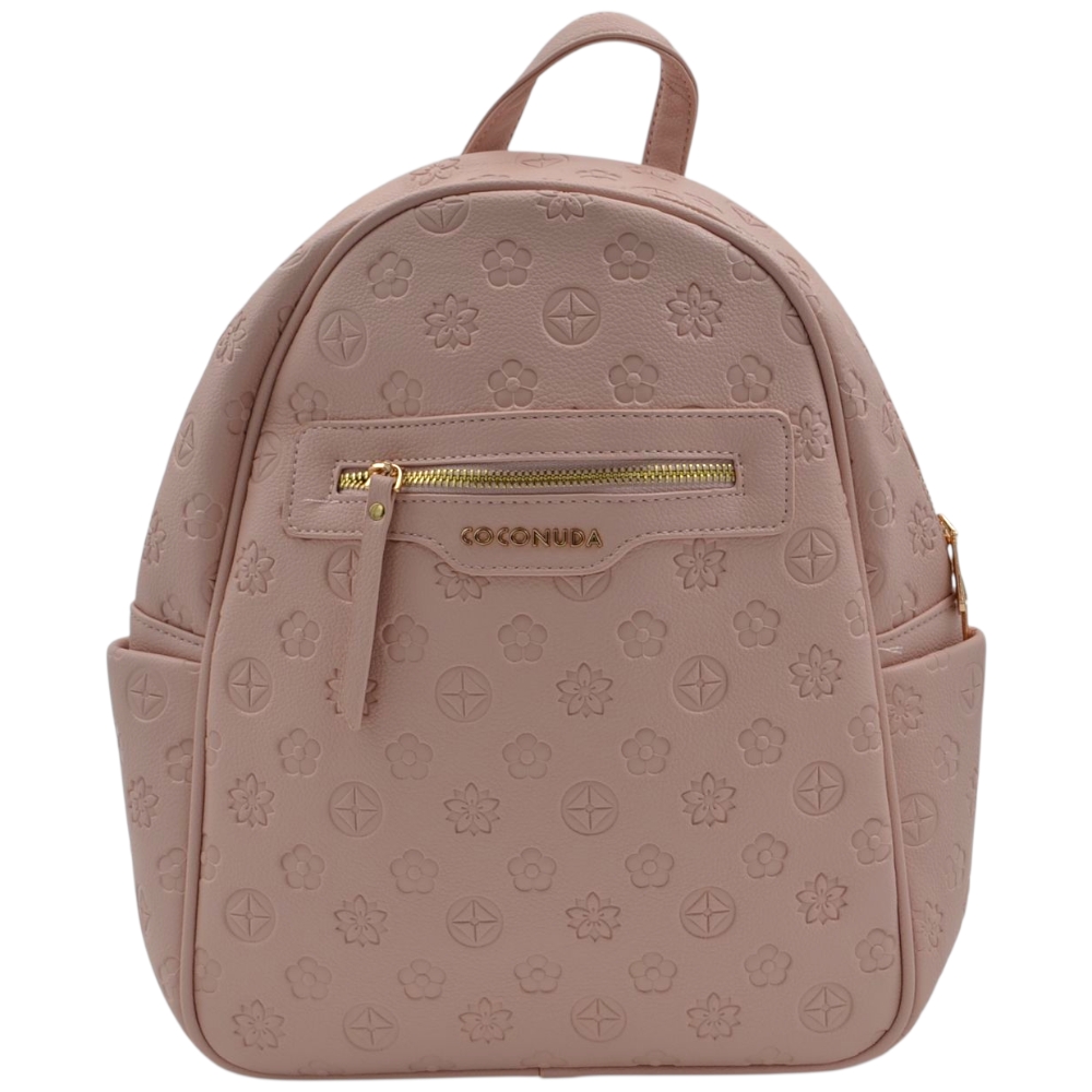 Zaino donna firmato Coconuda rosa con motivo in rilievo monogramma e logo cerniere dorate 
