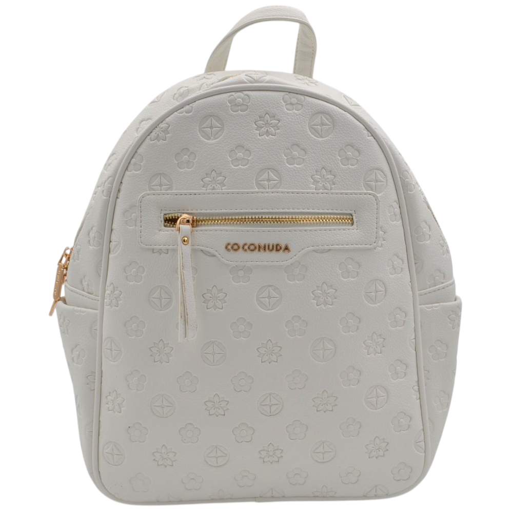 Zaino donna firmato Coconuda biaco con motivo in rilievo monogramma e logo cerniere dorate 