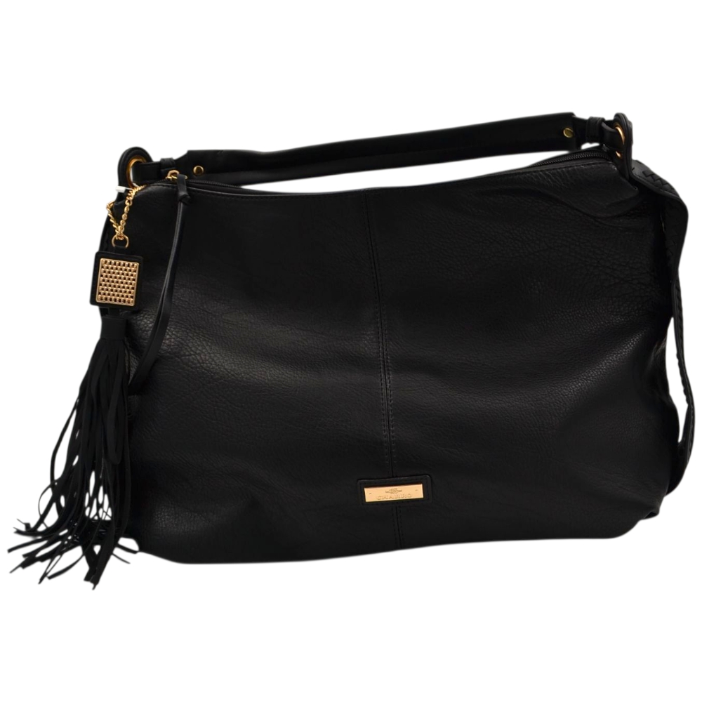 Borsa morbida donna firmata Charro a spalla sacco nera con accessorio frangia e zip dorate