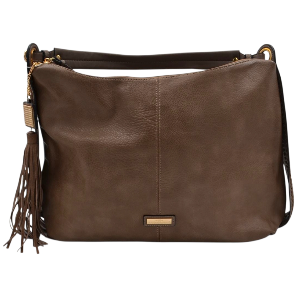 Borsa morbida donna firmata Charro a spalla sacco marrone con accessorio frangia e zip dorate