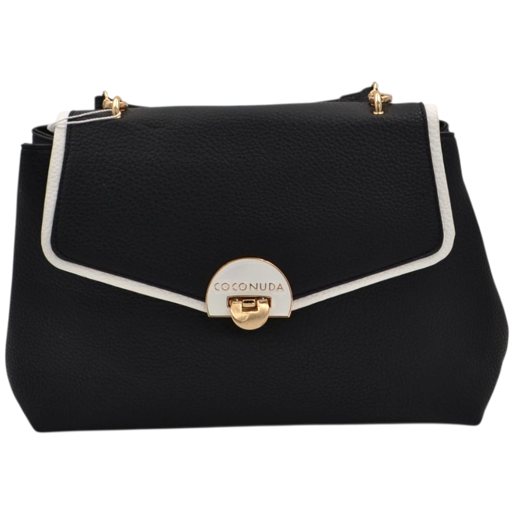 Borsa a tracolla donna firmata Coconuda a lettera nera e bianca con chiusura gancio e zip.