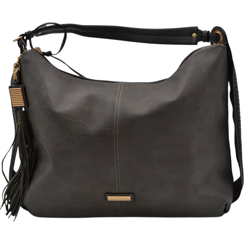 Borsa morbida donna firmata Charro a spalla sacco grigio con accessorio frangia e zip dorate.