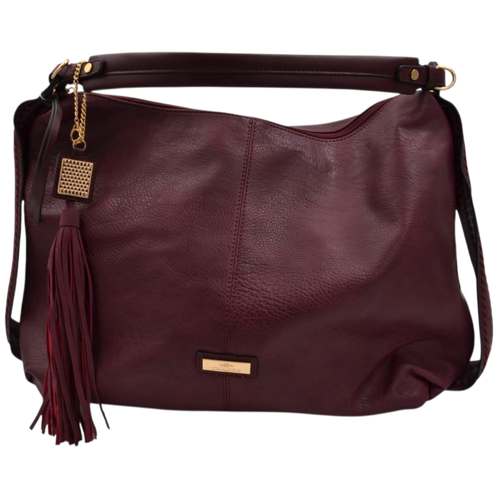 Borsa morbida donna firmata Charro a spalla sacco bordeaux con accessorio frangia e zip dorate.
