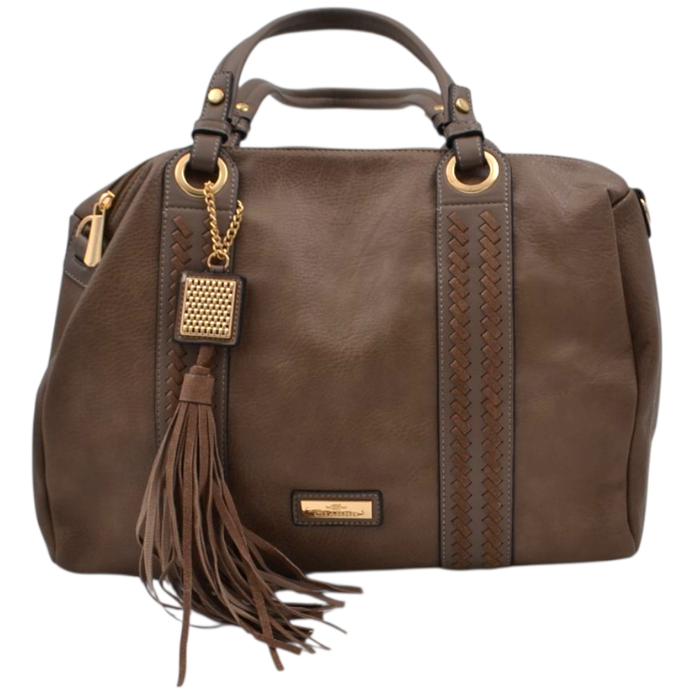Borsa morbida donna firmata charro marrone a spalla bauletto con accessorio frangia e zip dorate