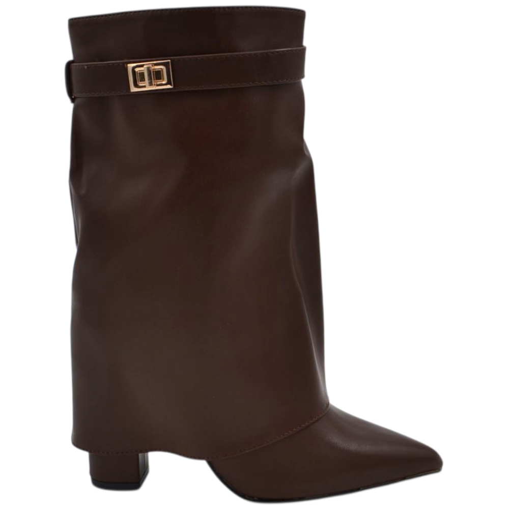 Stivaletto donna tronchetto meta' polpaccio shark a punta in pelle marrone risvolto gancio oro tacco largo 10 zip 