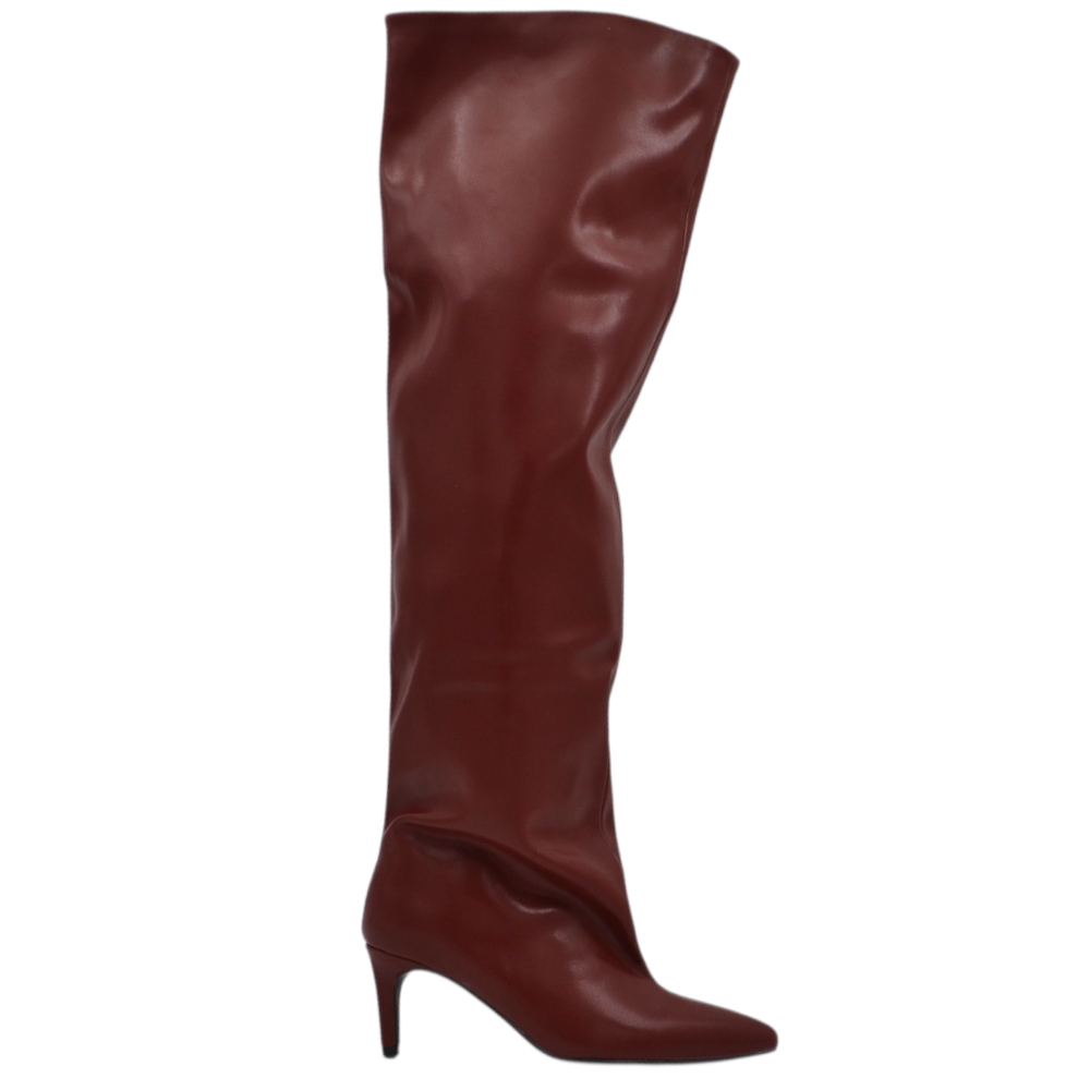 Stivali slouchy altissimo in pelle bordeaux a punta con tacco basso kitten 5 cm gambale over trend