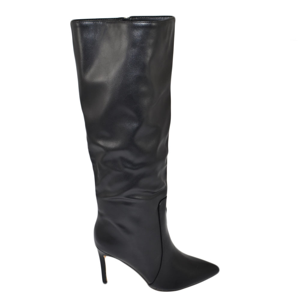 Stivale donna alto a punta rigido nero tacco spillo 10 cm liscio linea basic moda altezza ginocchio sexy con zip.