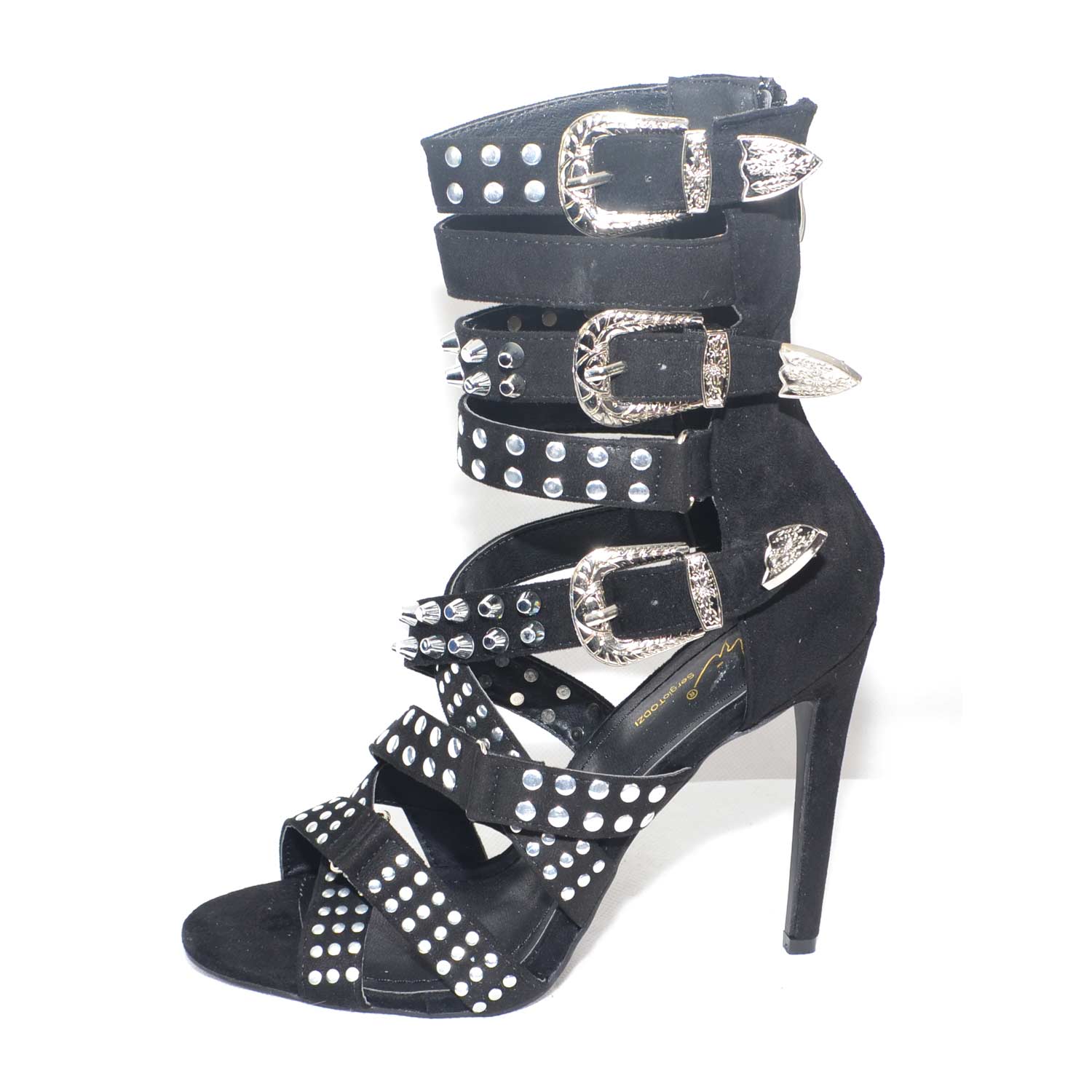 sandali alla schiava in camoscio nero con fibbie e borchie tacco a spillo  moda glamour donna sandali tacco Sergio Todzi | MaluShoes