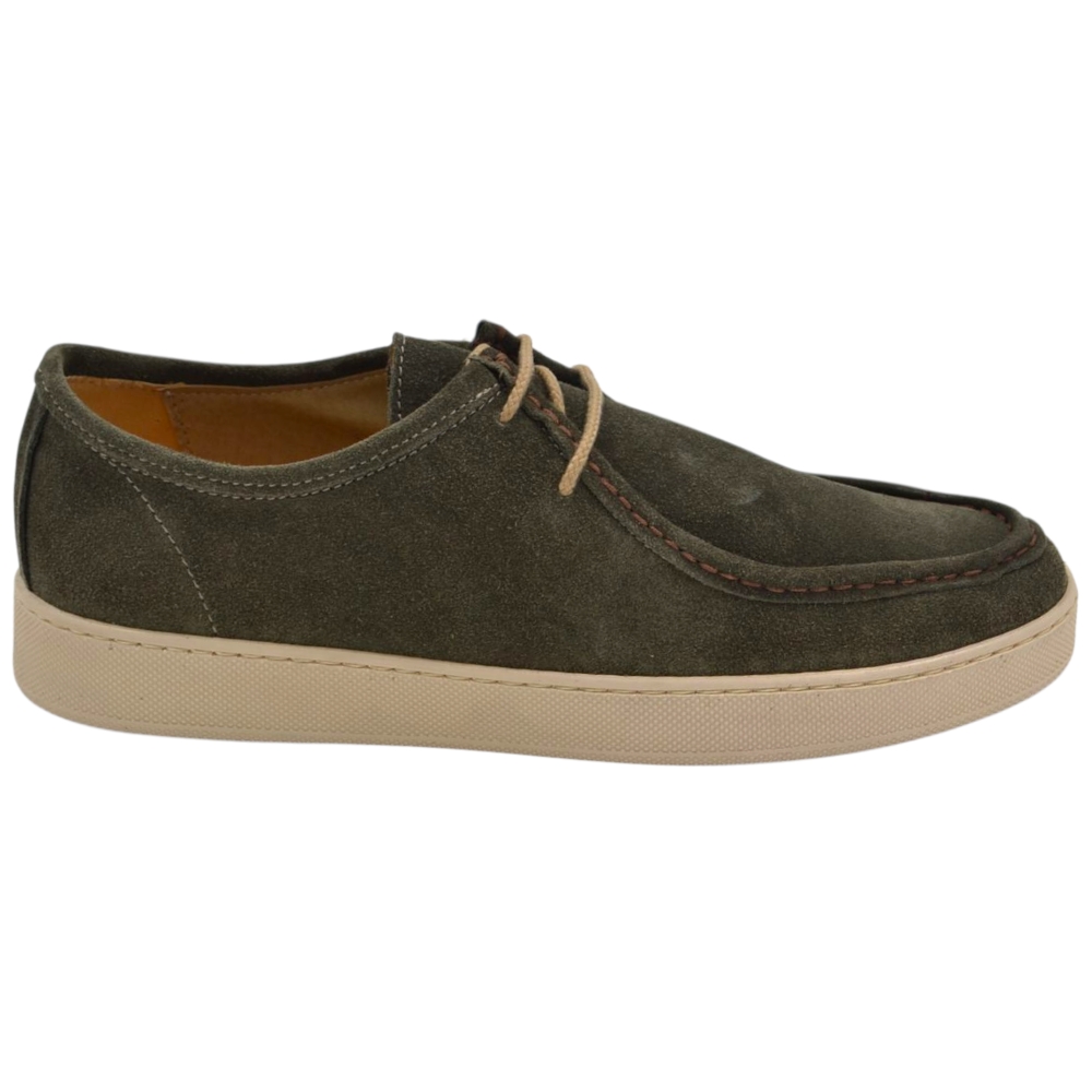 SCARPA UOMO MODELLO INGEGNERE IN VERA PELLE SCAMOSCIATO VERDE CON GOMMA BIANCA ULTRALEGGERA 2 CM.