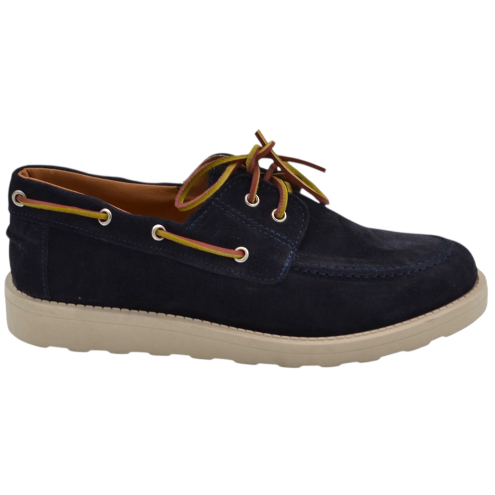 Scarpa mocassino uomo in vero camoscio blu con lacci in pelle occhielli argento suola in gomma zigrinata 3 cm