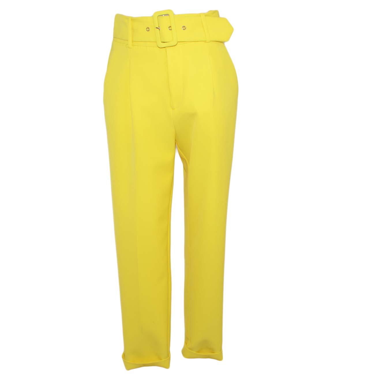 Pantaloni gialli lime donna a sigaretta vita alta con cinturone in vita due tasche moda business colourfull glam