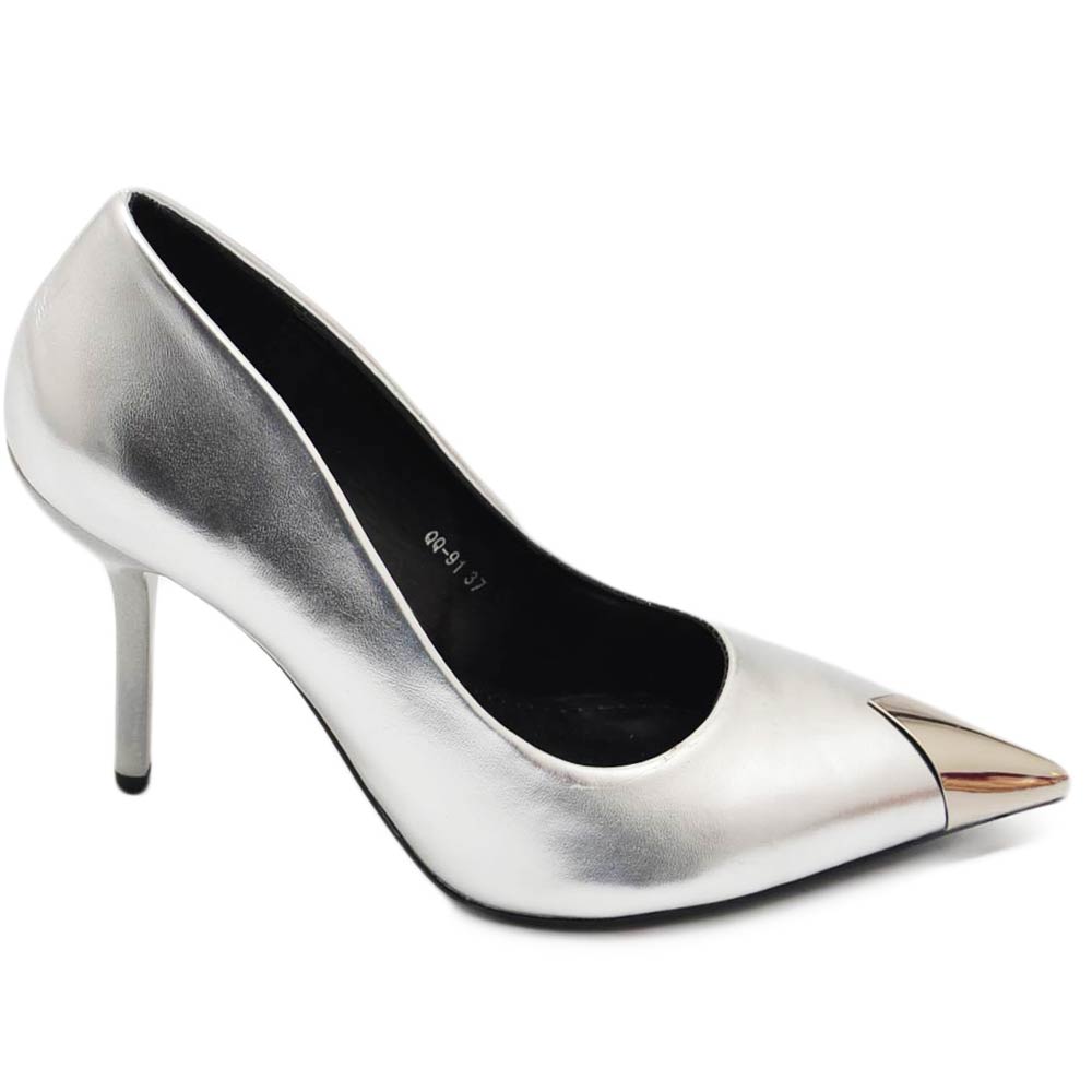 Decolette' donna pelle matte argento satinato con punta gioiello tacco 10 cm spillo 