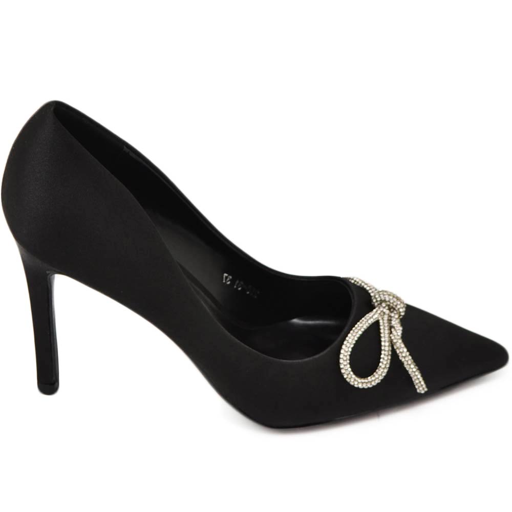 Decolette' donna in tessuto raso nero con punta tacco sottile 12 cm dettaglio fiocco con strass argento luccicanti