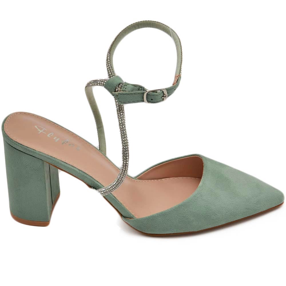 Scarpe decollete donna slingback in camoscio verde salvia aperto tallone cinturino di strass incrociato alla caviglia.