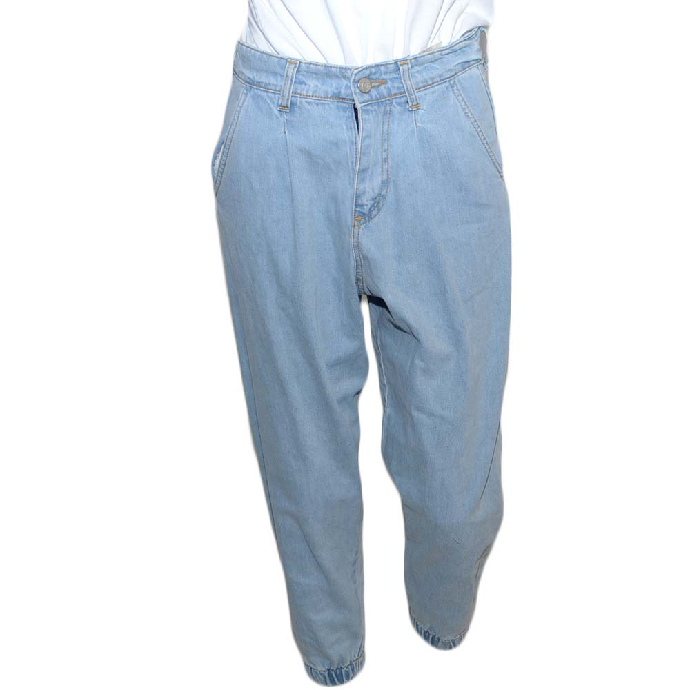 Jeans donna slouchy momfit a vita alta  overfit con elastico in vita lavaggio denim chiaro 4 tasche.