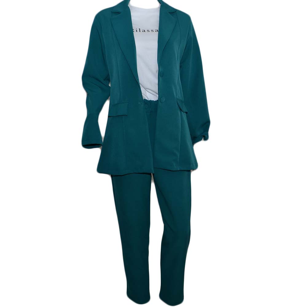 Tailleur coordinato donna verde petrolio blazer lungo taglio maschile pantaloni a sigaretta con elastico e bottone moda .