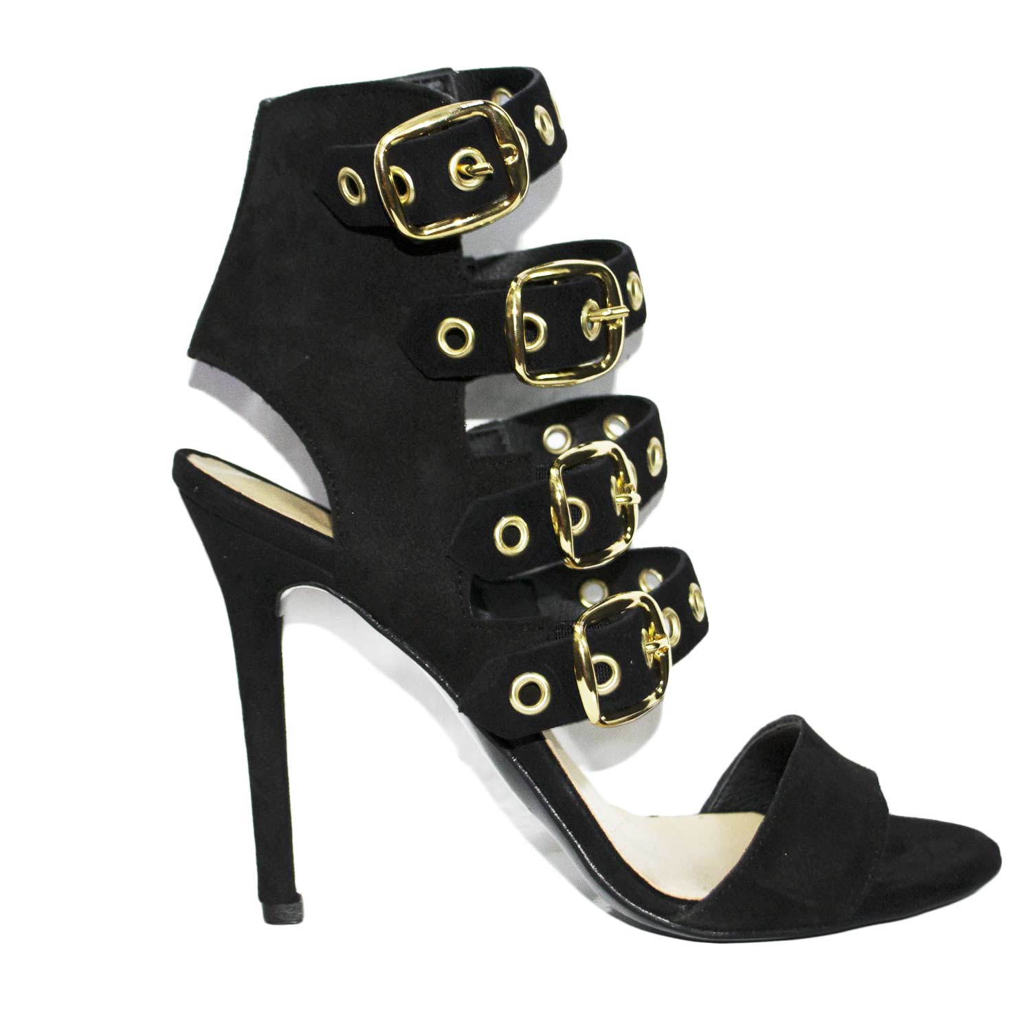 sandali tacco donna nero art.st9093 made in italy accessori fibbia oro camoscio moda comfort fondo antiscivolo 