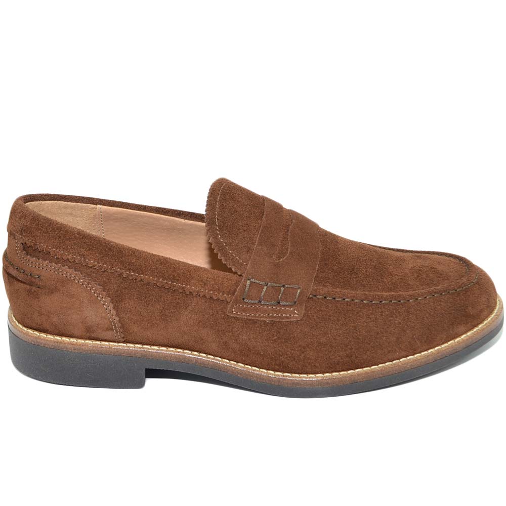 College uomo inglese mocassino marrone vera pelle scamosciata fondo gomma light estivo intersuola cuoio made in italy