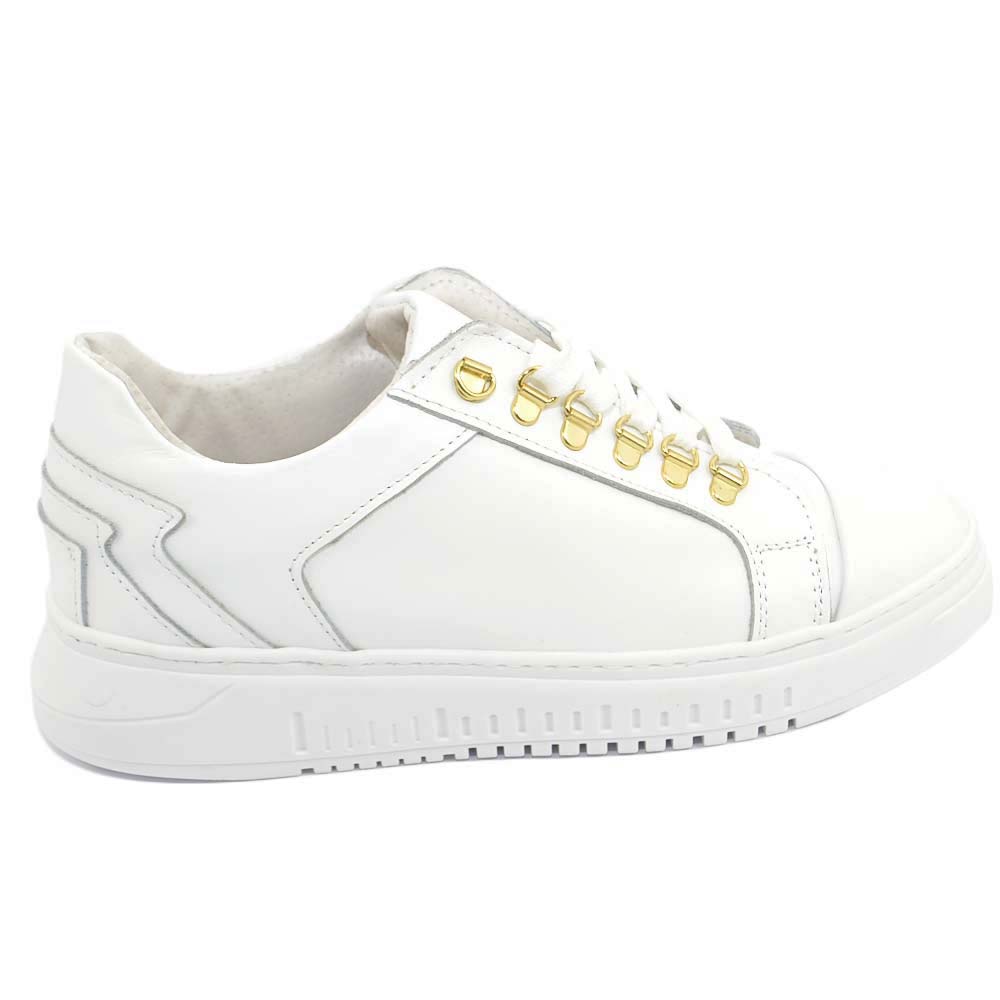 Sneakers bassa uomo bianca liscia in vera pelle con ganci oro e fulmini fondo army bianco moda giovane street