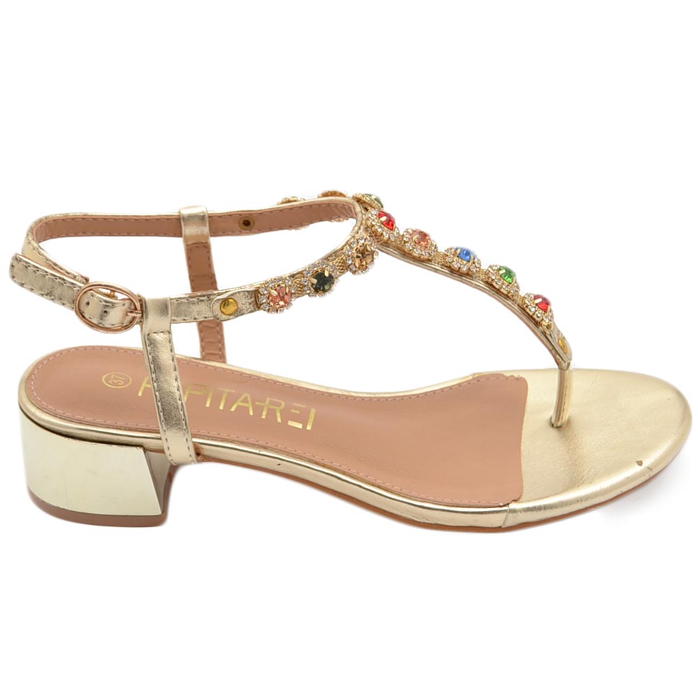 Sandalo gioiello infradito oro pietre colorate tacco 3cm positano capri suola antiscivolo gomma cinturino alla caviglia