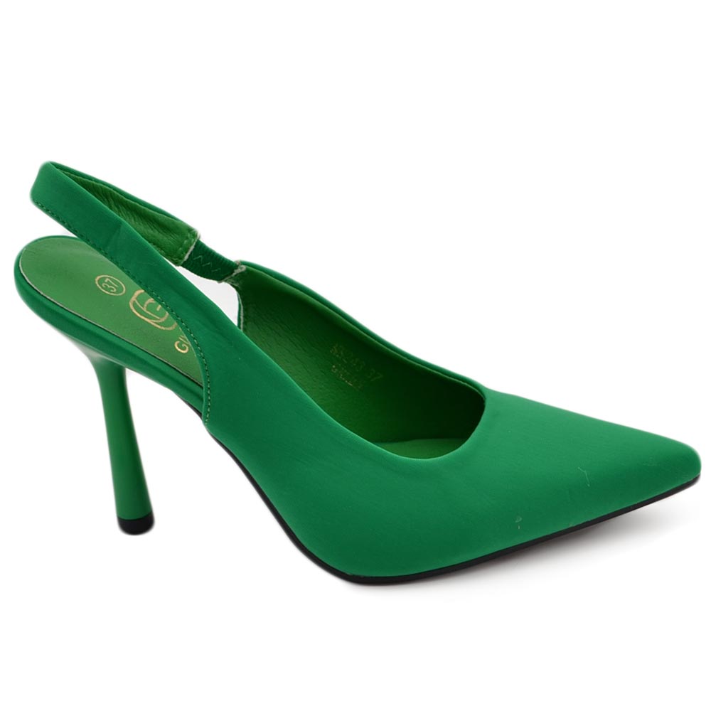 Scarpe decollete donna elegante punta in tessuto verde tacco sottile 12 cerimonia con allacciatura alla caviglia 