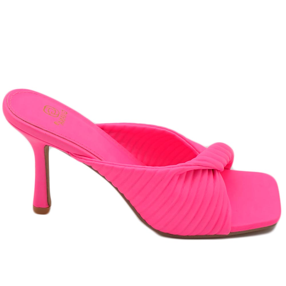 SANDALO SABOT MULES TACCO FUCSIA A PUNTA QUADRATA CON NODO PLISSETTATO TACCO SOTTILE 12 CM MODA CERIMONIA.