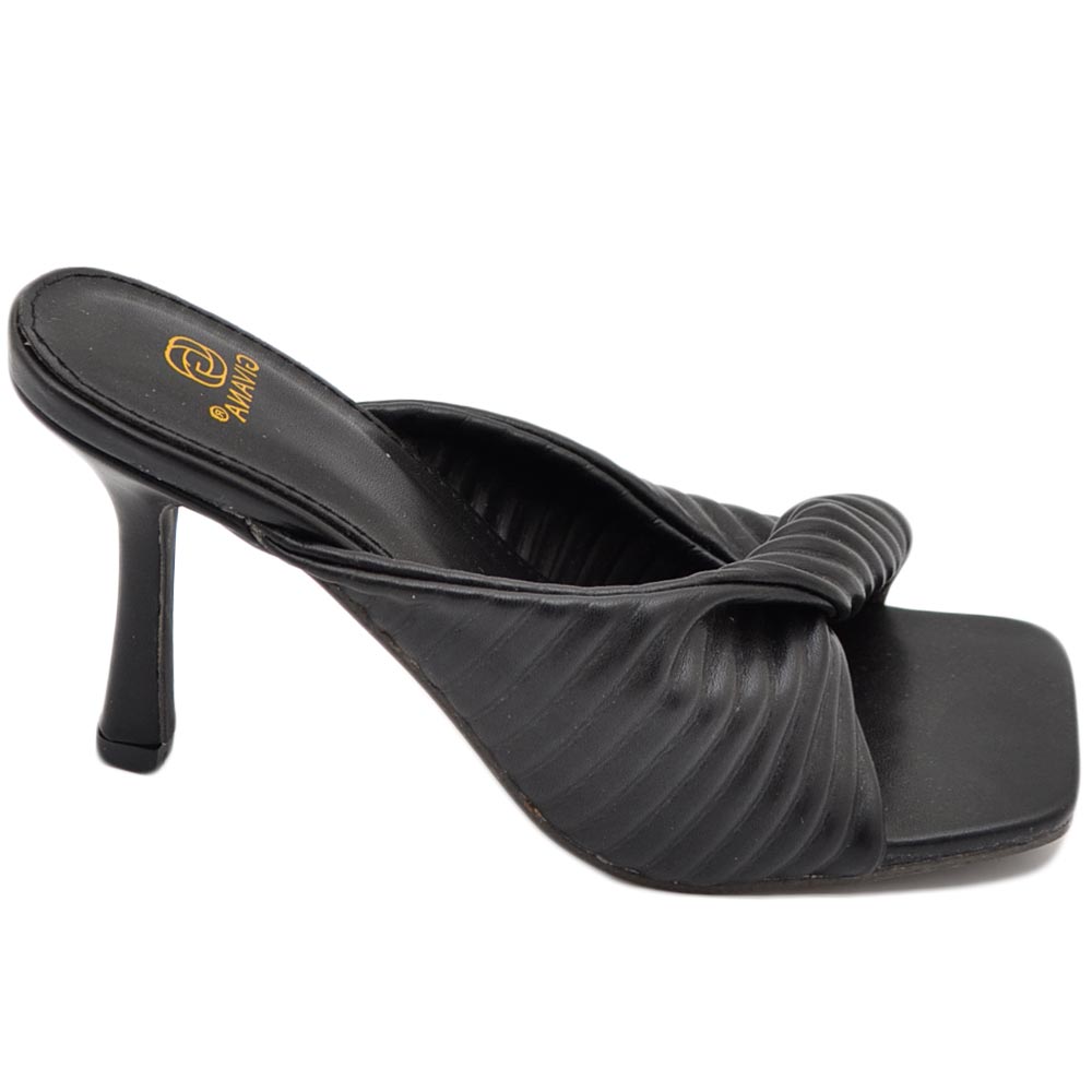 SANDALO SABOT MULES TACCO NERO A PUNTA QUADRATA CON NODO PLISSETTATO TACCO SOTTILE 12 CM MODA CERIMONIA.