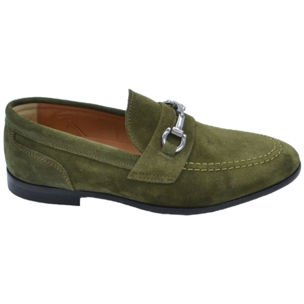 Scarpe uomo mocassino in vera pelle camoscio verde morsetto argento suola in cuoio  tallone rinforzato