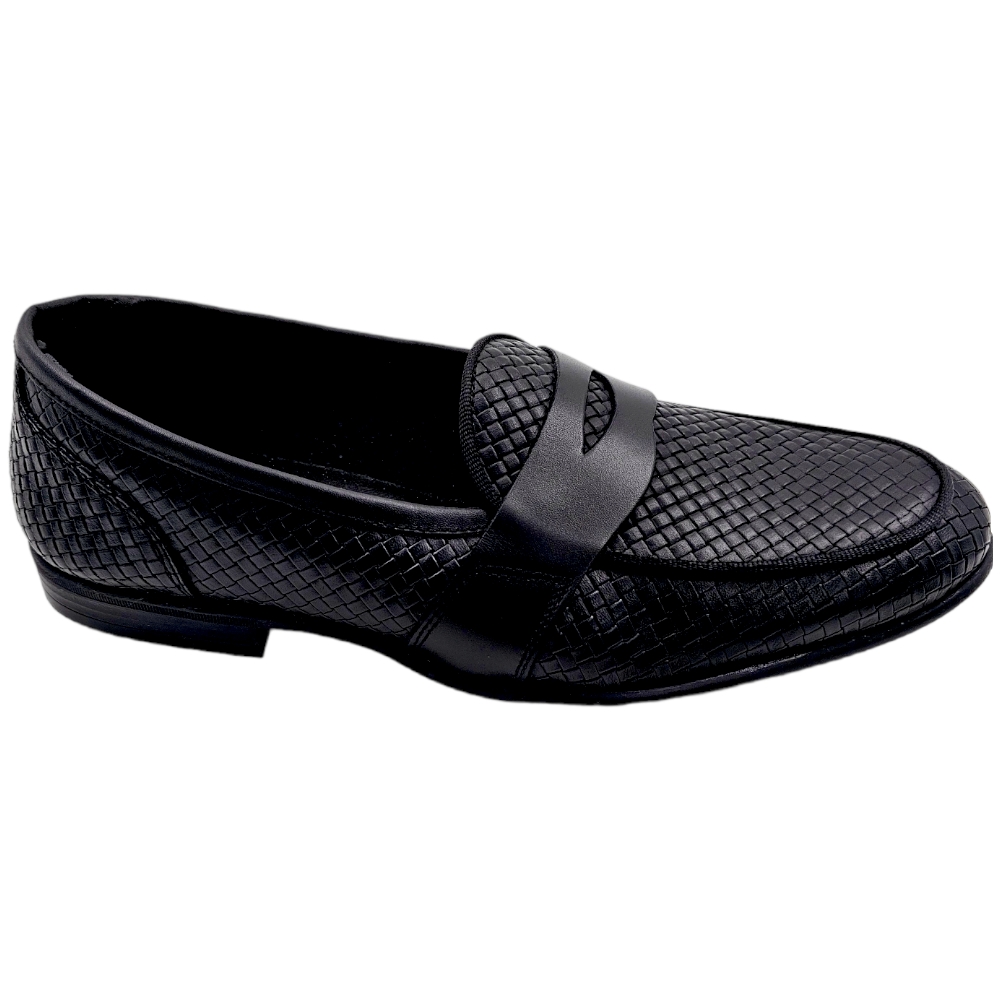 Scarpa mocassino uomo ls in vera pelle intrecciata nero cucita a mano fondo cuoio con antiscivolo centrale