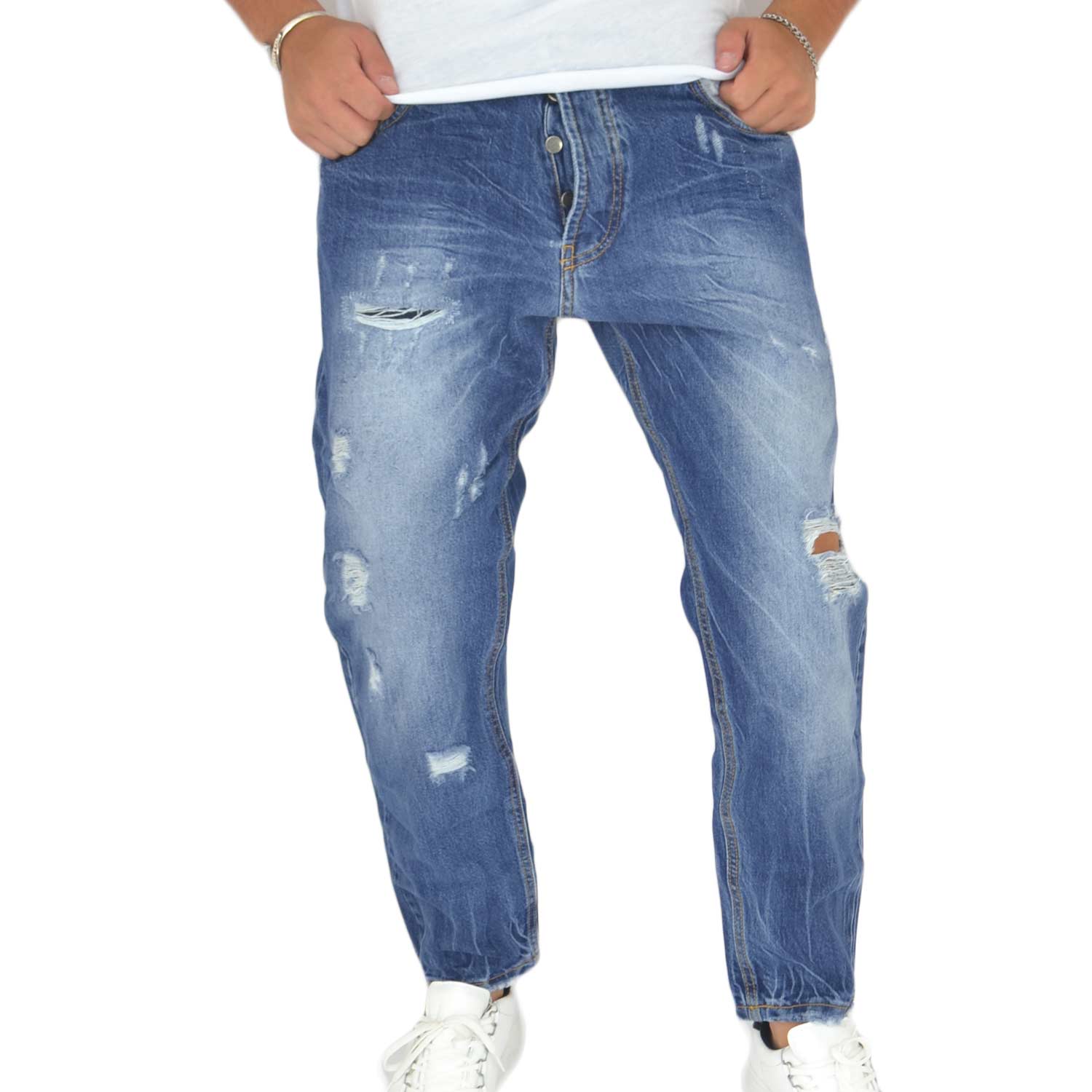 Pantaloni Jeans scuro denim biker. Skinny fit.Chiusura con bottone e cerniera. strappo moda ginocchio glamour.