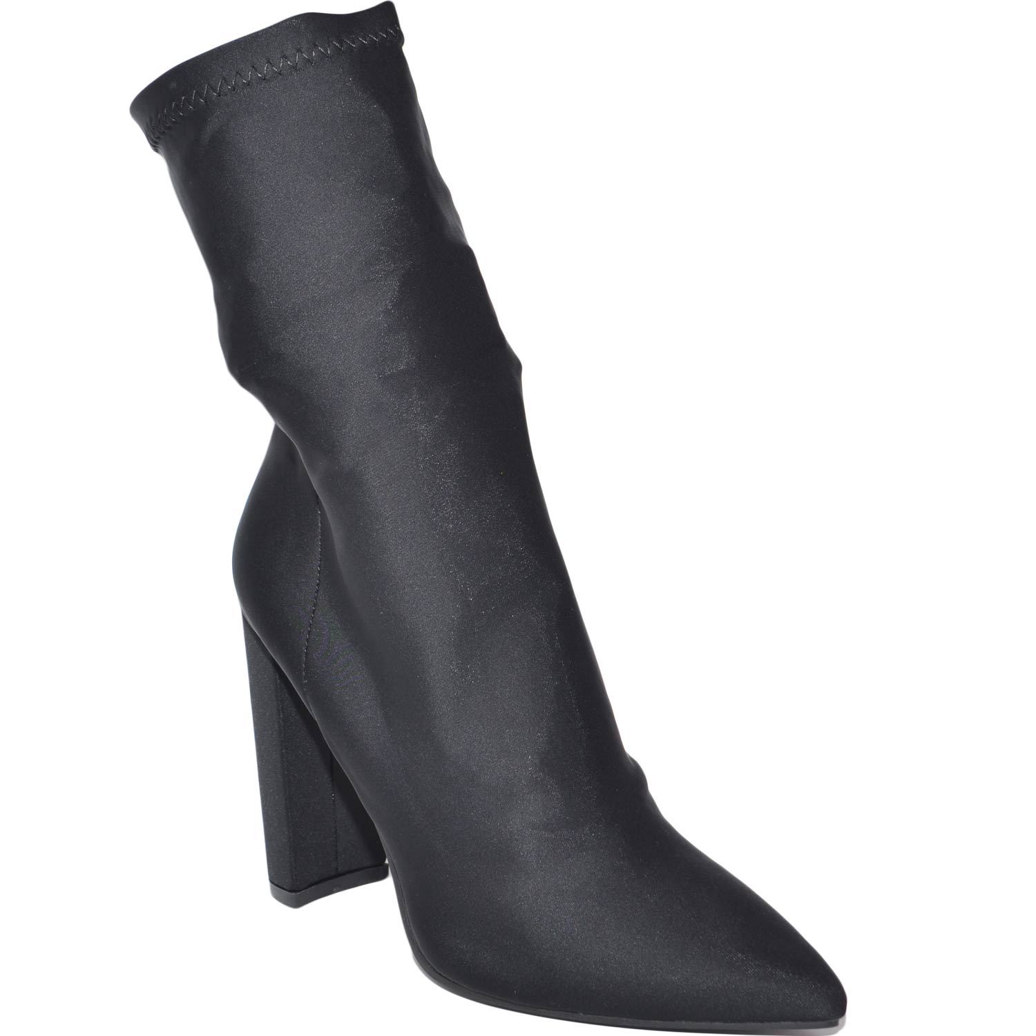 Tronchetto donna nero a punta in lycra elastica traslucida con tacco doppio altezza caviglia glamour slim fit tendenza